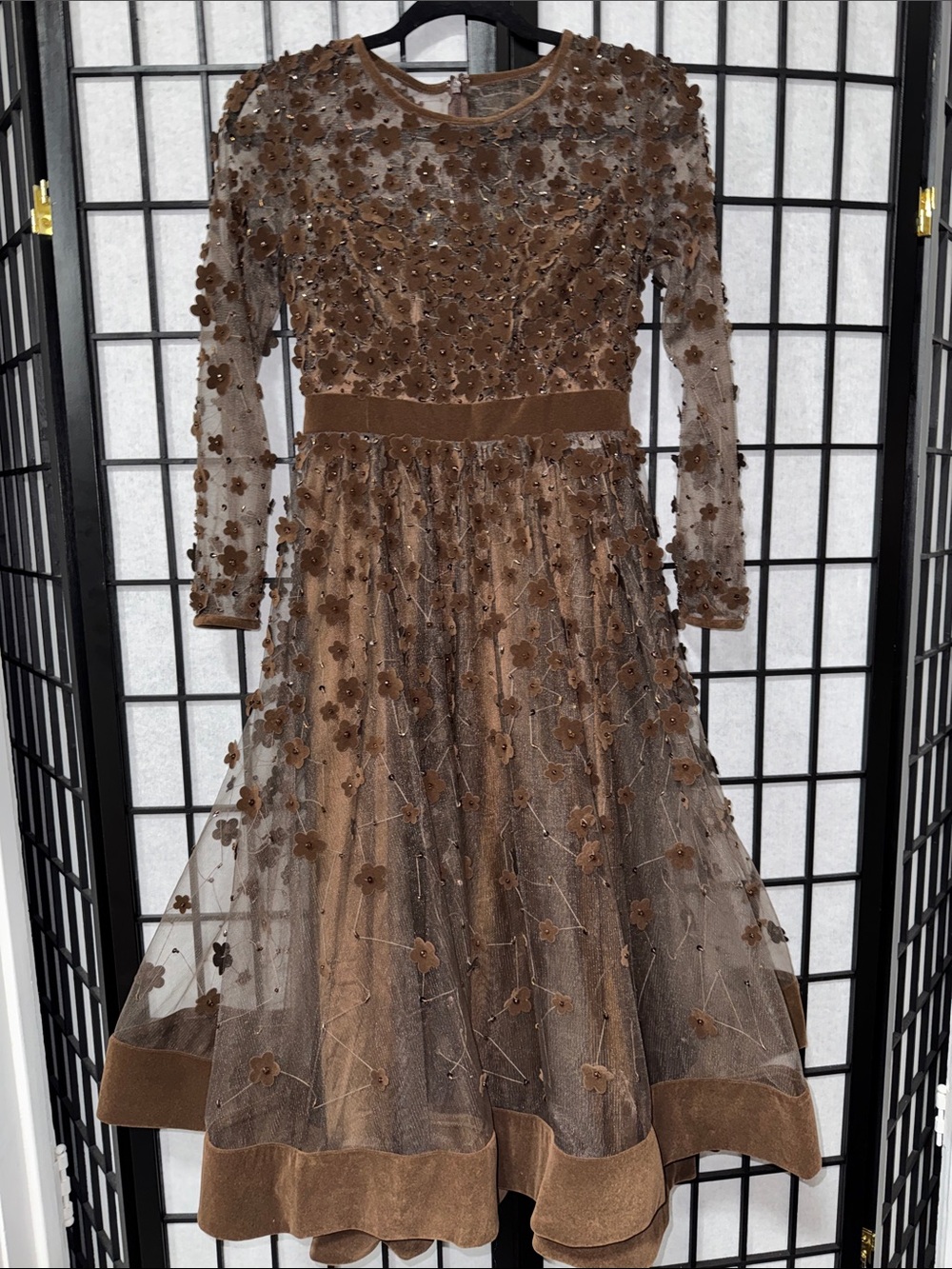 Mac Duggal Brown Embellished Velvet Trim A-Line Midi Dress | Size 2 | NWOT - Picture 3 of 14